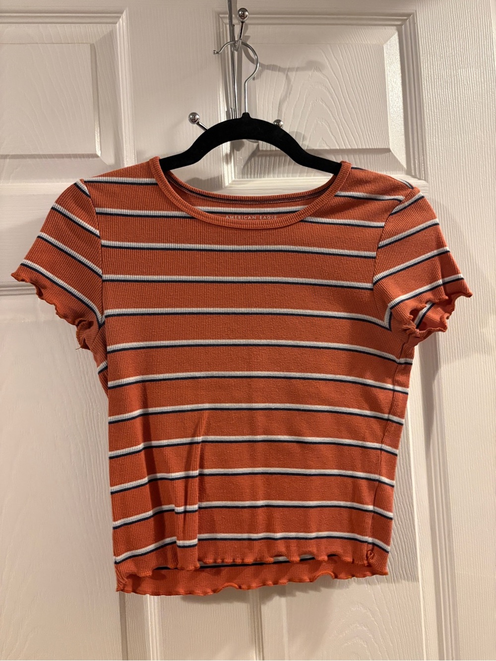 American Eagle Outfitters Rust Striped Ruffle Hem Crop Top